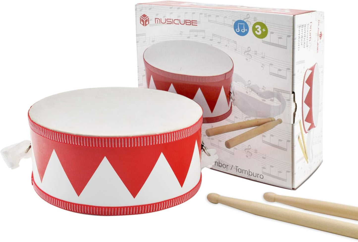 MUSICUBE Kids Drum Set 8-Inch Wooden Drum Toys with an Adjustable Strap and 2 Drumsticks Educational Baby Musical Toys Drum Sensory Musical Instrument Toys for Toddler Boys &amp; Girls Gift Packing