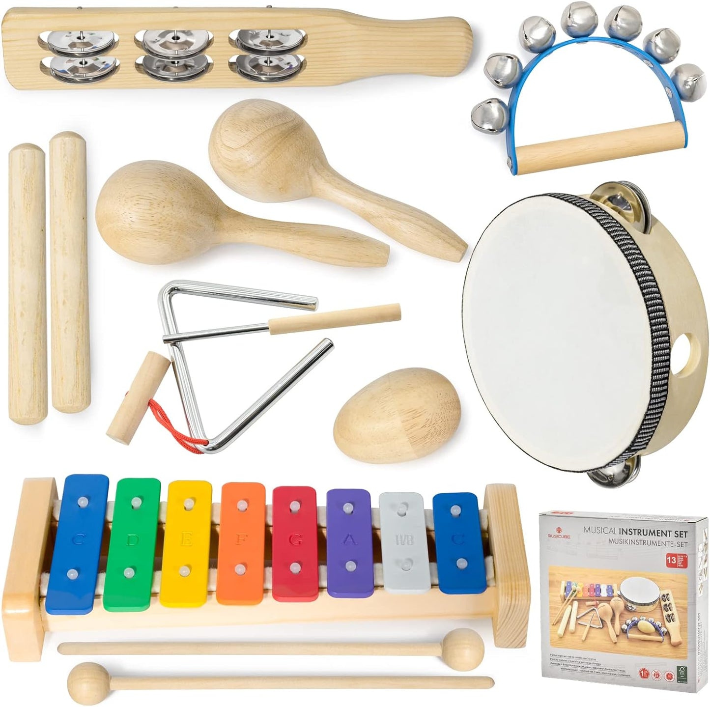 MUSICUBE 13 Pcs Kids Wooden Percussion Musical Instrument Set,Xylophone Maracas Egg Shaker Tambourine Triangle Instrument for Kids Toddler Toys