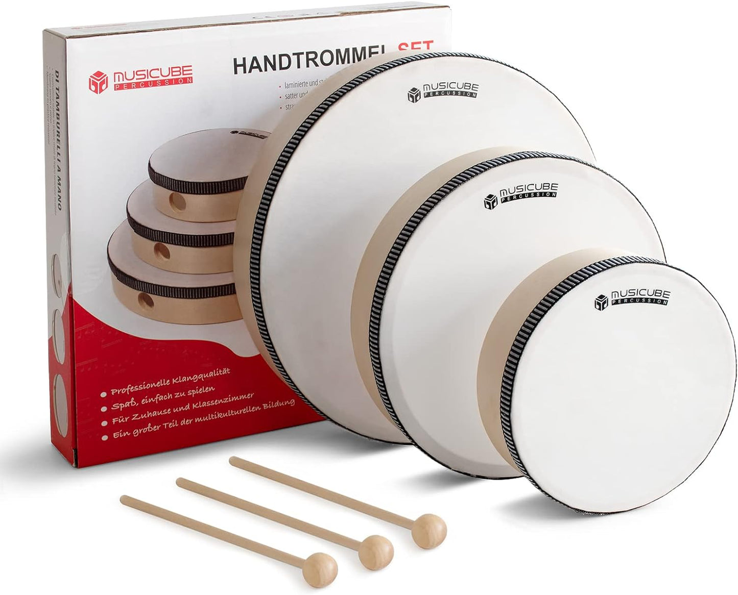 MUSICUBE Hand Drum Set for adult, Frame Drum for Kid, 3 Packs Wood Drum Set Musical Instrument, Educational Percussion Instrument for School Party with 3 Drum Stick (6-Inch, 8-Inch, 10-Inch)