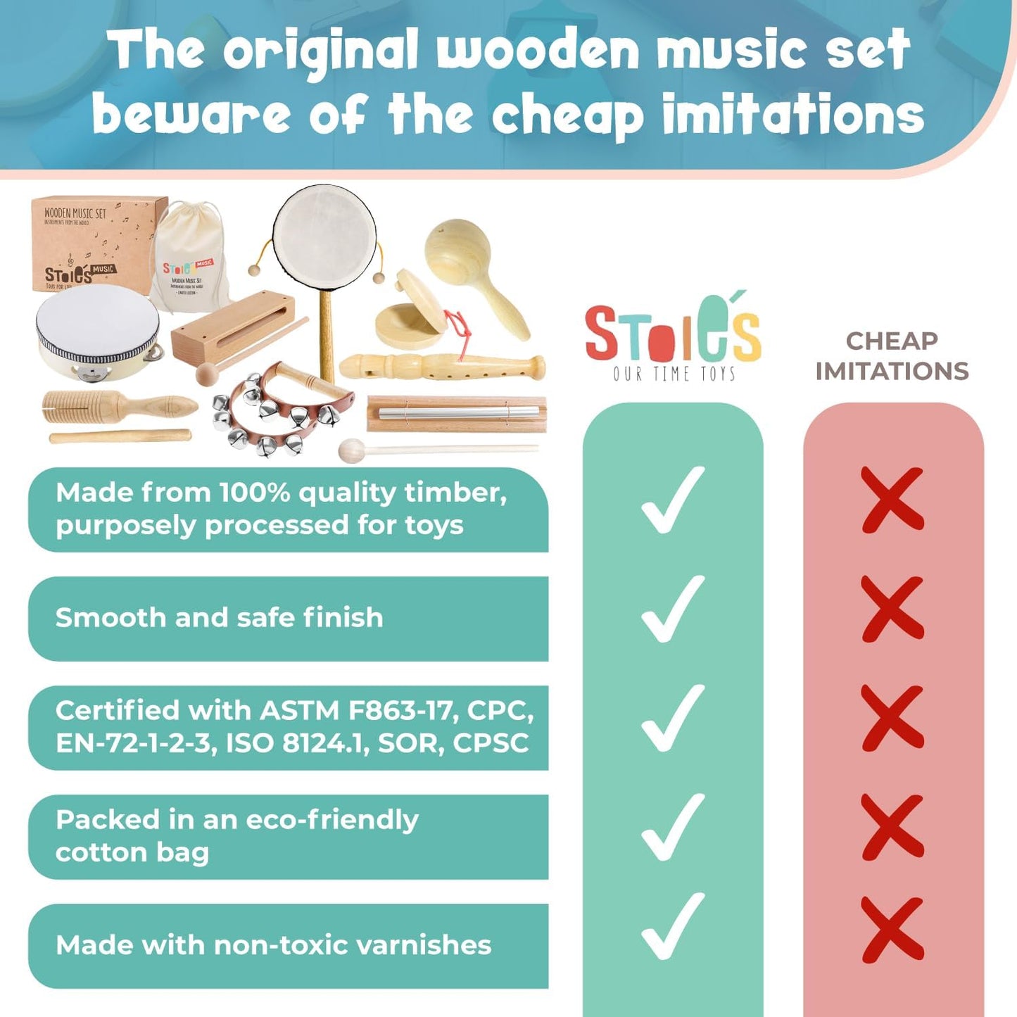 Stoie’s International Wooden Music Set for Toddlers and Kids- EcoFriendly Musical Set with A Cotton Storage Bag - Promote Environment Awareness, Creativity, Coordination and Have Lots of Family Fun