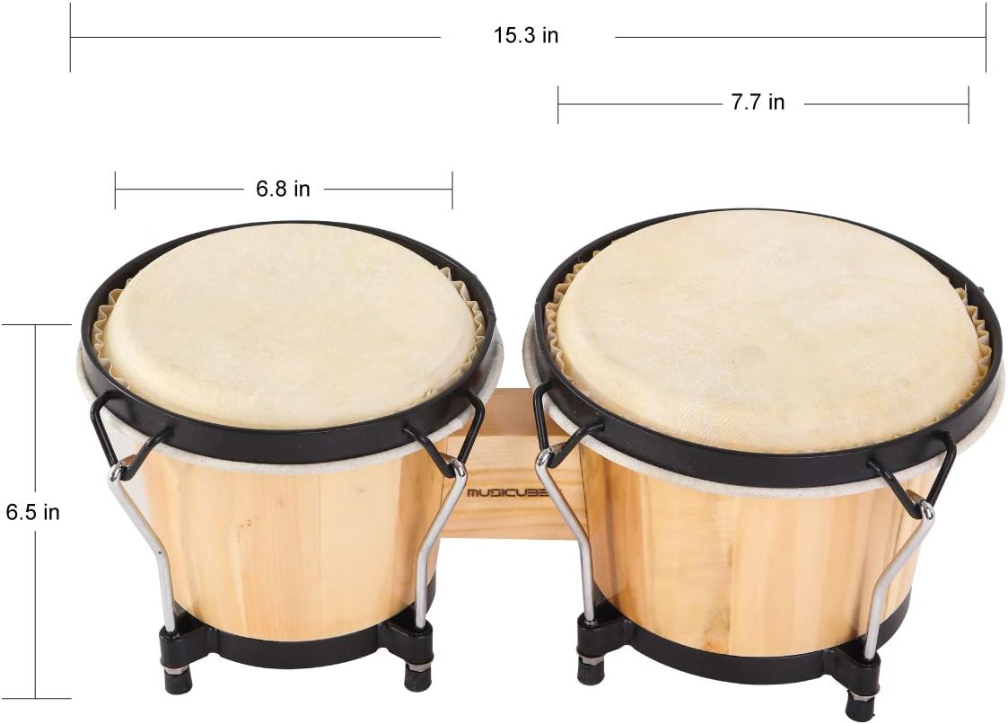 MUSICUBE Bongo Drum Set, 6” and 7” Percussion Instrument, Wooden and Metal Drum for Adult Kids Beginners Professionals with Tuning Wrench