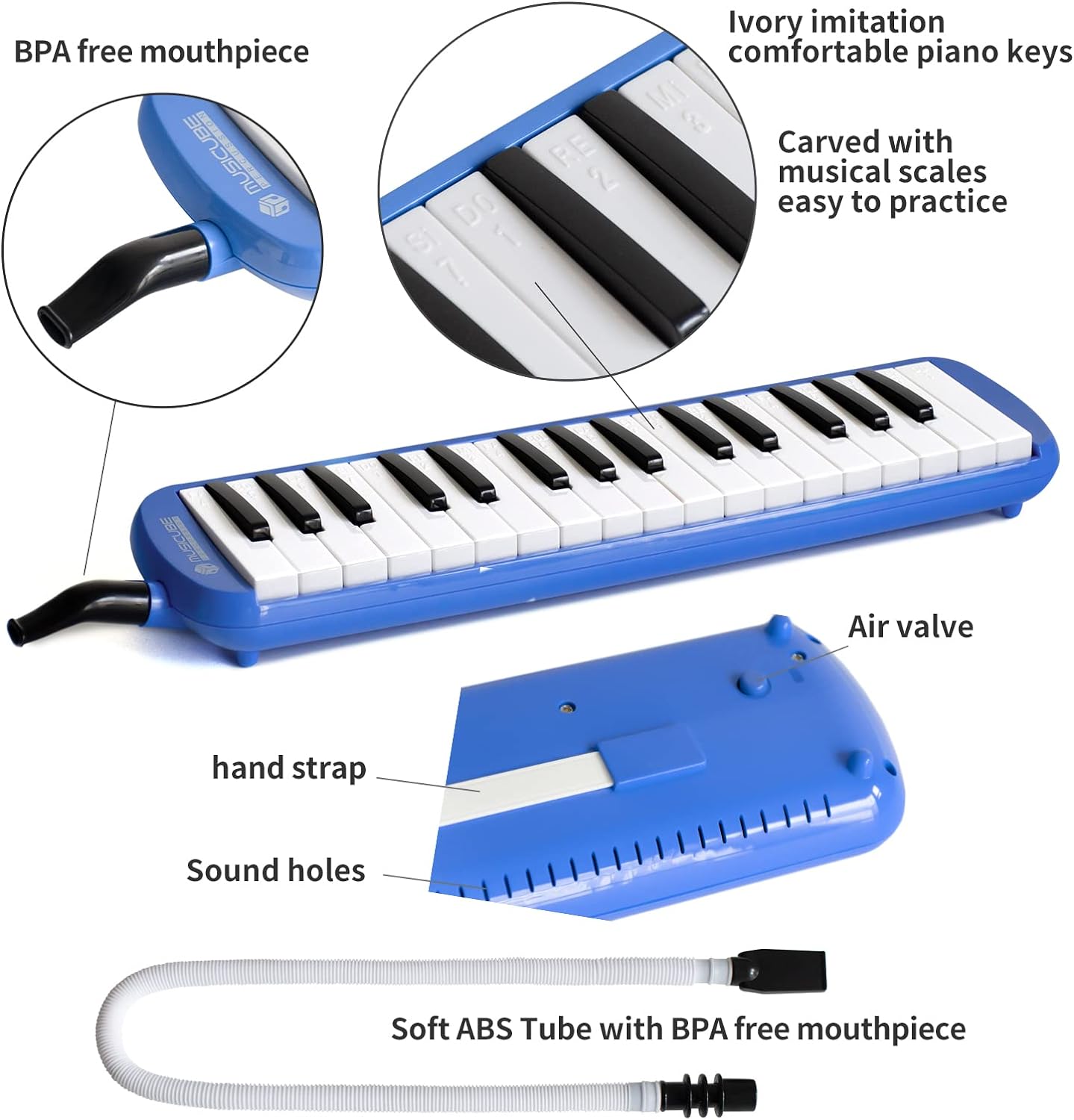 MUSICUBE Children's Melody 32 Key Melody Musical Instrument Air Piano Keyboard,Belt 1 One Long Tube,1 One Short Bolwtorch,Suitable for Beginners,Music Gift for Boys and Girls(Blue)