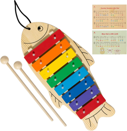 MUSICUBE Xylophone for Baby Toddler Fish Shape Wooden Xylophone with 2 Mallets Educational &amp; Preschool Learning Percussion Instrument Professional Tuning Musical Toys for Kids Aged 3+