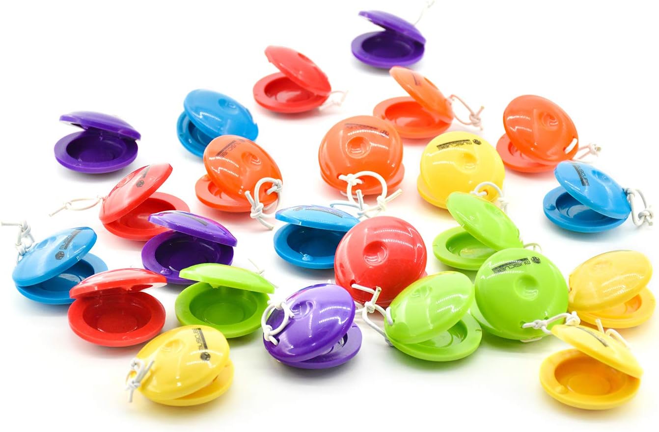 MUSICUBE Castanets for Kids 24 Pcs Plastic Finger Castanets Hand-Held Percussion Musical Instrument Professional Castanet Machine for Music or Rhythm Class Children Musical Toys (6 Colors Included)