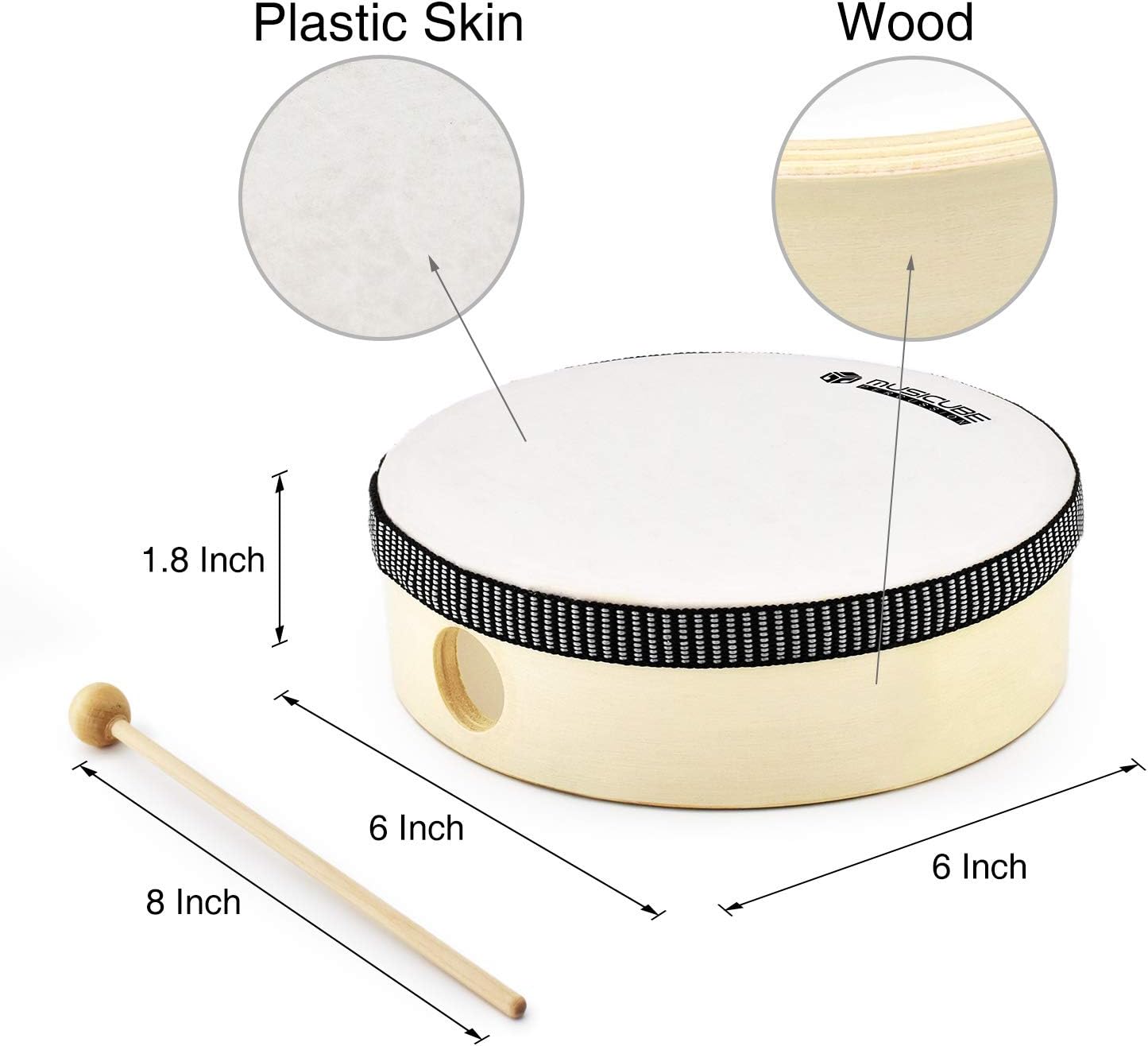 MUSICUBE 6-Inch Hand Drum for Adult Kids Natural Wooden Hand Drum Educational Hand-Held Percussion Instrument Toys for Home School Party Supplies Mallet Included