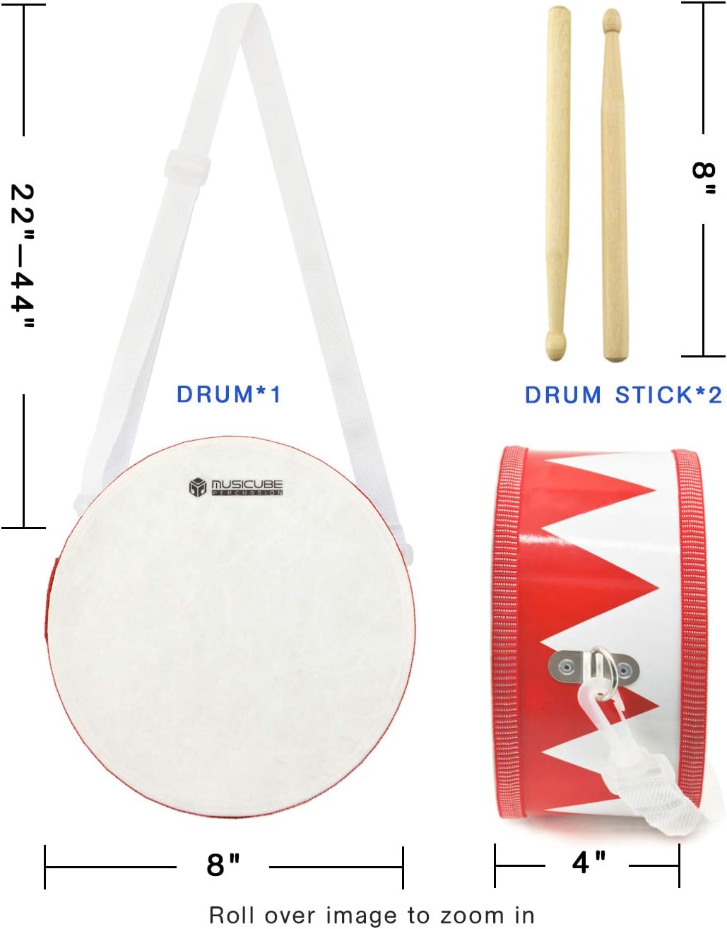 MUSICUBE Kids Drum Set 8-Inch Wooden Drum Toys with an Adjustable Strap and 2 Drumsticks Educational Baby Musical Toys Drum Sensory Musical Instrument Toys for Toddler Boys &amp; Girls Gift Packing