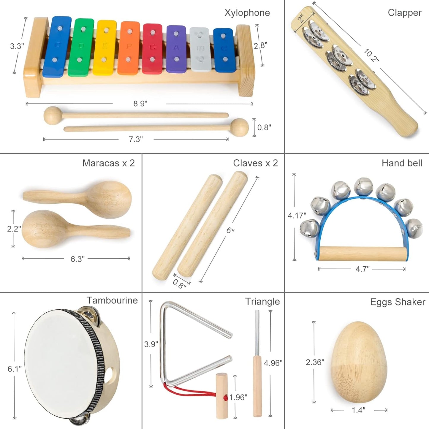 MUSICUBE 13 Pcs Kids Wooden Percussion Musical Instrument Set,Xylophone Maracas Egg Shaker Tambourine Triangle Instrument for Kids Toddler Toys