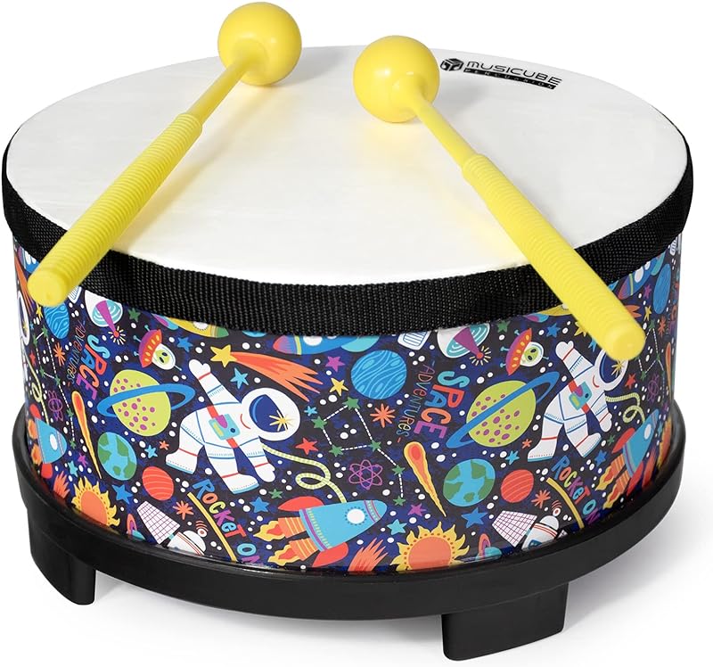 MUSICUBE Kids Drum Set 8-Inch Wooden Drum Toys with an Adjustable Strap and 2 Drumsticks Educational Baby Musical Toys Drum Sensory Musical Instrument Toys for Toddler Boys &amp; Girls Gift Packing