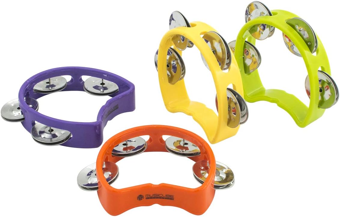 MUSICUBE STEM Hand Tambourine Bells, 4 Cymbal Bells on ABS Plastic Hand, Kids Music Rhythm Toys, STEM Education Music Instrument for Music Center Kids Center, 4 Pack