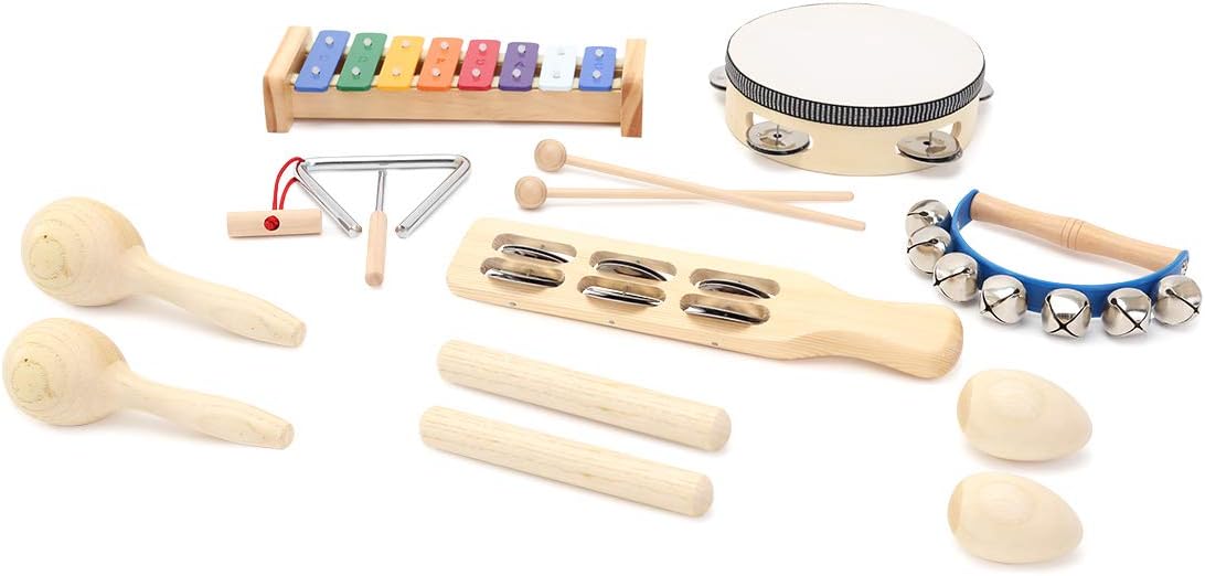 MUSICUBE 13 Pcs Kids Wooden Percussion Musical Instrument Set,Xylophone Maracas Egg Shaker Tambourine Triangle Instrument for Kids Toddler Toys