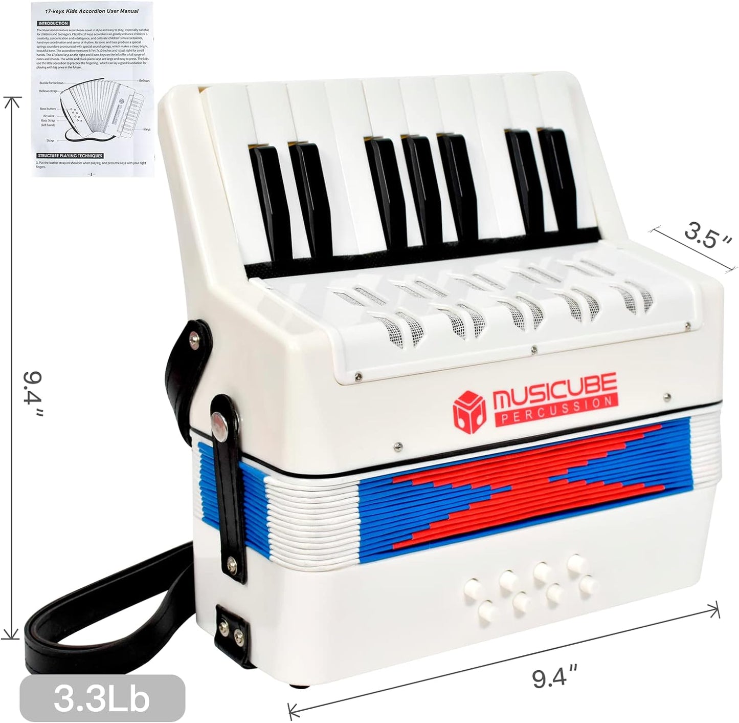 MUSICUBE Accordion Instrument for Kids 17 Keys 8 Bass Accordion with Straps for Beginners Adults Student Educational Musical Instrument Toy for Boys Girls Aged 3+ Gift Choice (White)