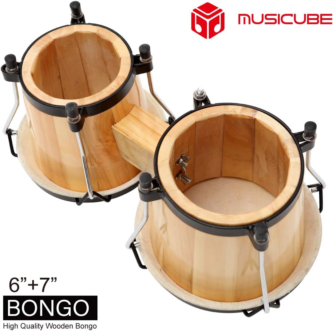 MUSICUBE Bongo Drum Set, 6” and 7” Percussion Instrument, Wooden and Metal Drum for Adult Kids Beginners Professionals with Tuning Wrench