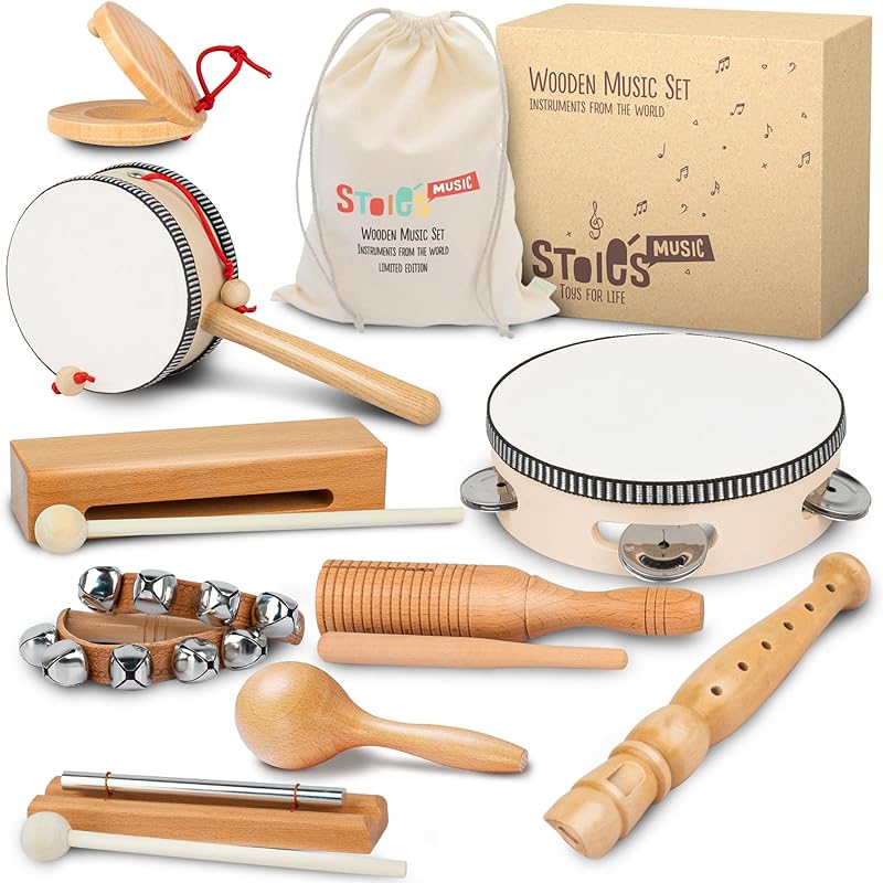 Stoie’s International Wooden Music Set for Toddlers and Kids- EcoFriendly Musical Set with A Cotton Storage Bag - Promote Environment Awareness, Creativity, Coordination and Have Lots of Family Fun